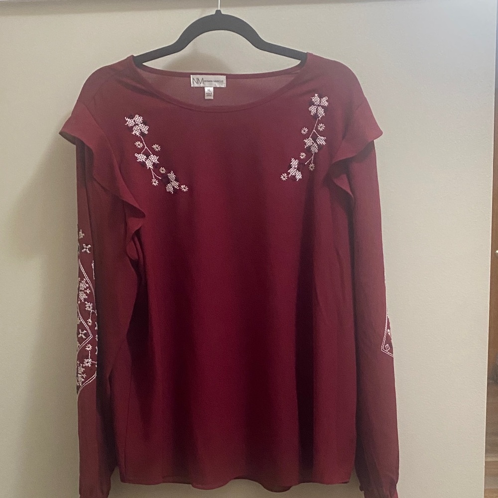 Neiman Marcus Burgundy Blouse with White Embroidery